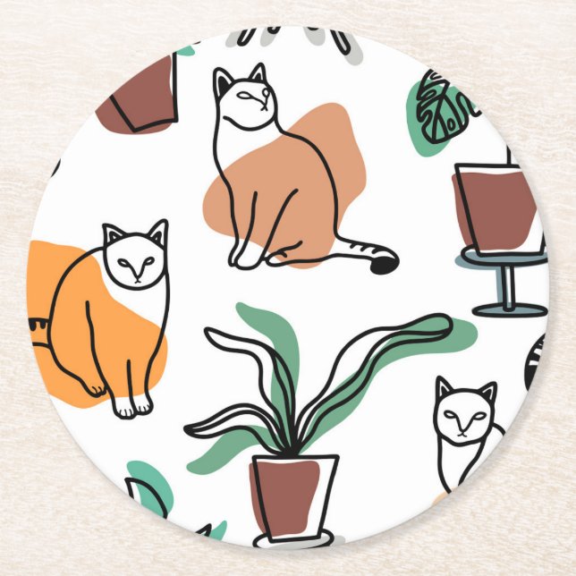 Katt och blommor i teckning-konst underlägg papper rund (Framsidan)