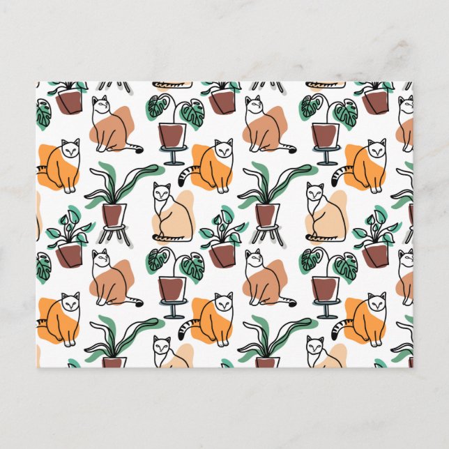 Katt och blommor i teckning-konst vykort (Framsida)