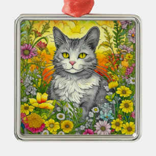 Katt och blommor julgransprydnad metall