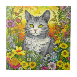 Katt och blommor kakelplatta
