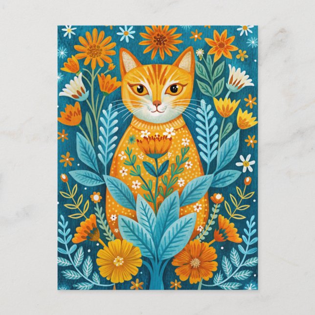 Katt och blommor konst stil orange och blått vykort (Framsida)