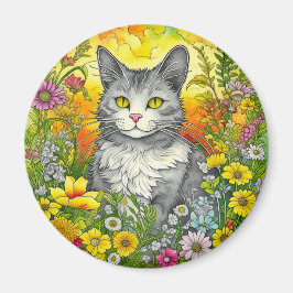 Katt och blommor magnet