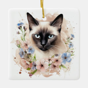 Katt och blommor, vattenfärg, siamesisk julgransprydnad keramik