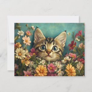 Katt och blommor vykort