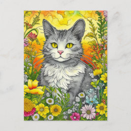 Katt och blommor vykort