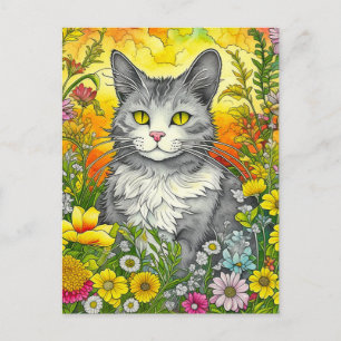 Katt och blommor vykort