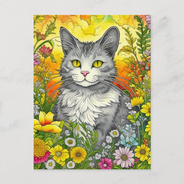 Katt och blommor vykort (Framsida)