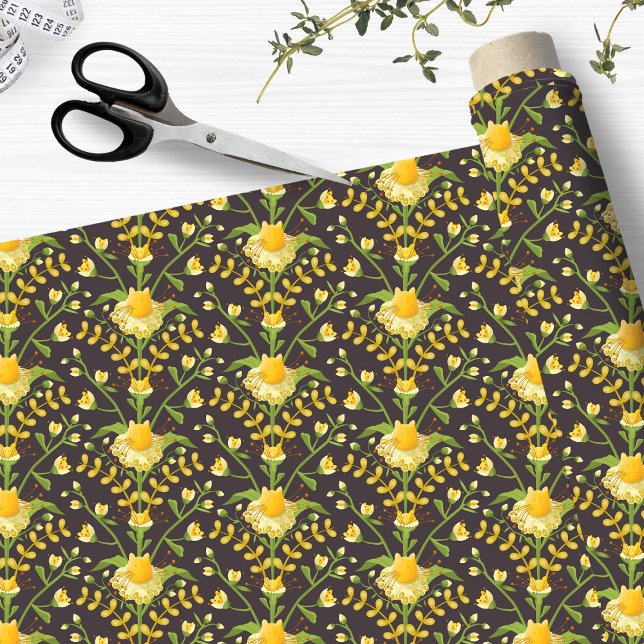 Katt- och blomsterBlommigt Tyg (Cats and flowers floral pattern.)