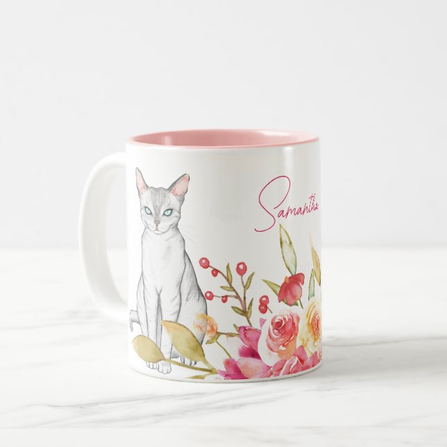 Katt- och blomsterPersonlig Rosa och vitlök Två-Tonad Mugg (Framsida vänster)
