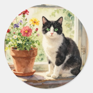 Katt- och blomtema runt klistermärke