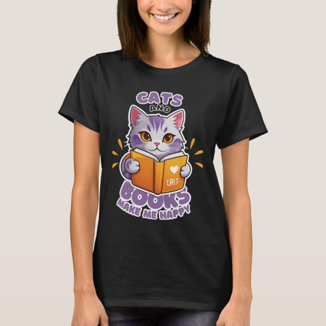 Katt och Bokar gör mig Lycklig T Shirt (Framsida)