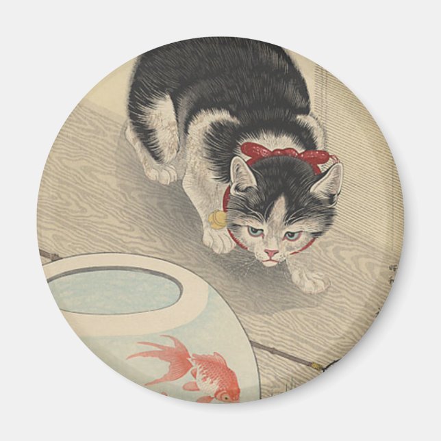 Katt och Bowl av guldfisk av Ohara Koson Magnet (Framsidan)