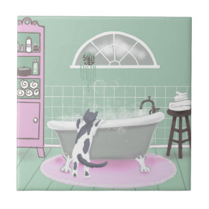 Katt och Bubble Bath Rosa Sage Art Kakelplatta