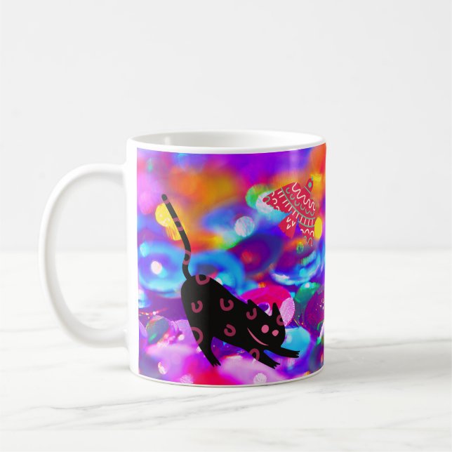 Katt och fågel på färgglad bakgrund kaffemugg (Vänster)