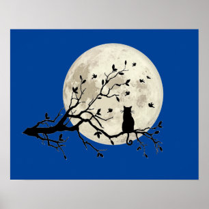 Katt och fåglar med Träd Silhouette och Full Moon Poster