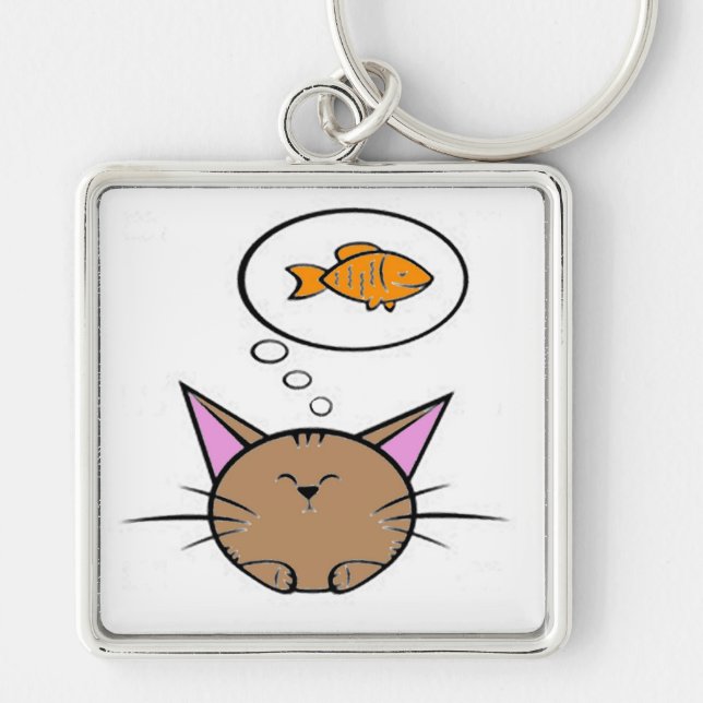 katt och fisk Keychain Fyrkantig Silverfärgad Nyckelring (Framsidan)