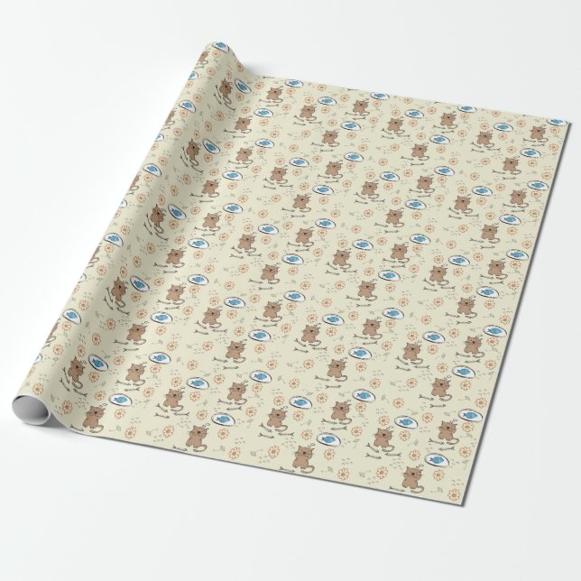 Katt och fisk mönster presentpapper (Utrullad)