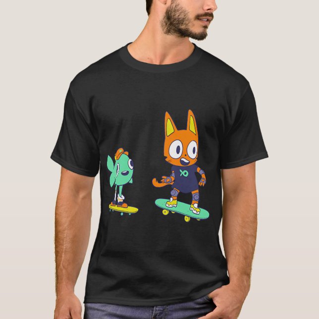 Katt och fisk skateboardåkning t shirt (Framsida)