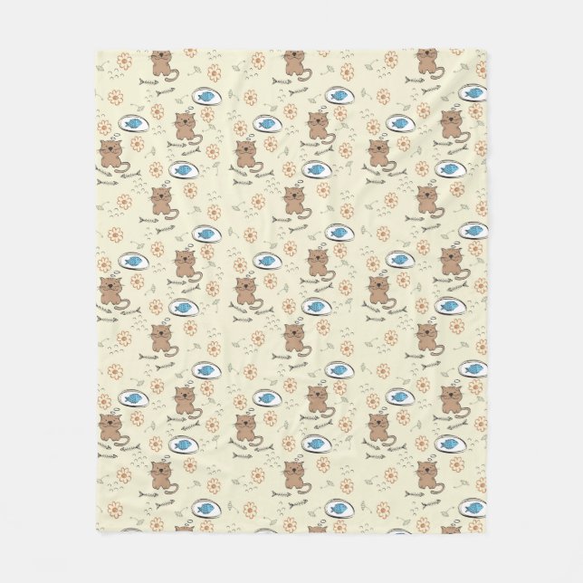 katt- och fiskmönster fleecefilt (Framsidan)