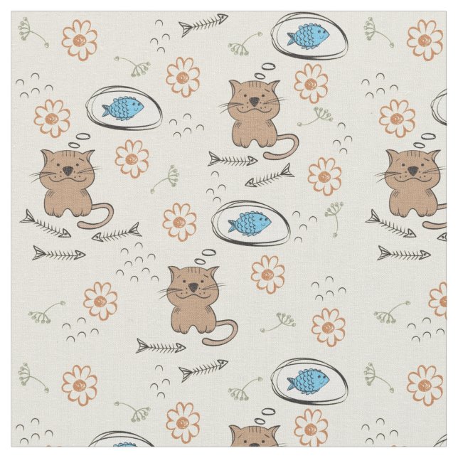 katt- och fiskmönster tyg (Närbild)