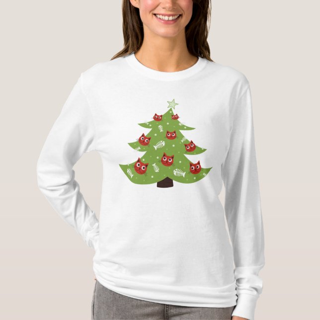 Katt- och fiskprydnadsfiskar Julgran Långärmad T-shirt (Framsida)