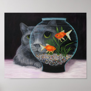 Katt och fiskskål med lång grått poster