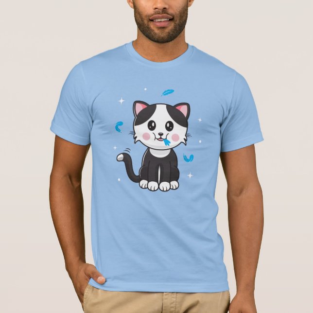 Katt och fjädrar / Blått T-Shirt (Framsida)