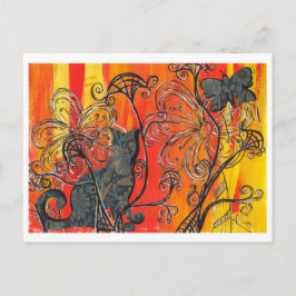 Katt och fjäril bland blommor vykort