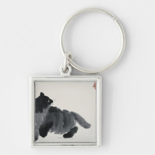 Katt och fjäril fyrkantig silverfärgad nyckelring