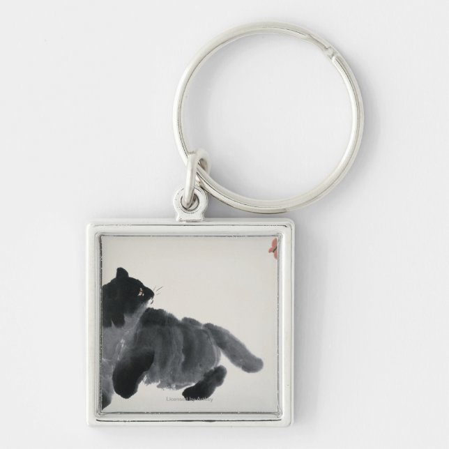 Katt och fjäril fyrkantig silverfärgad nyckelring (Framsidan)