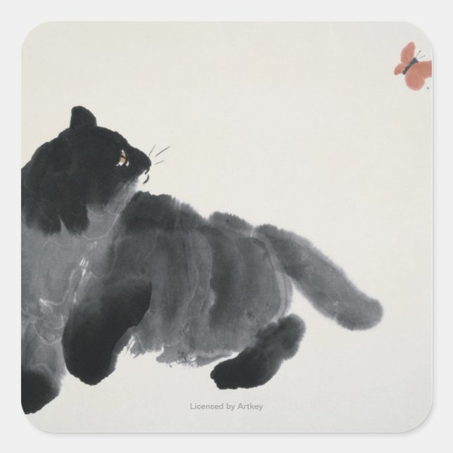 Katt och fjäril fyrkantigt klistermärke (Framsida)