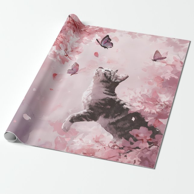 Katt och fjärilar bland körsbärsblom (7) presentpapper (Utrullad)