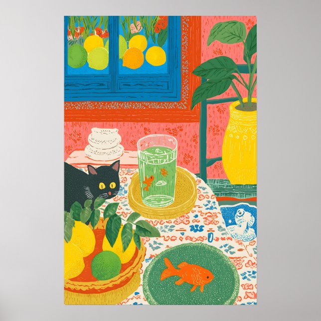 Katt och guldfisk köks konsttryck färgglad stilleb poster (Framsidan)