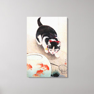 Katt och guldfiskskål canvastryck