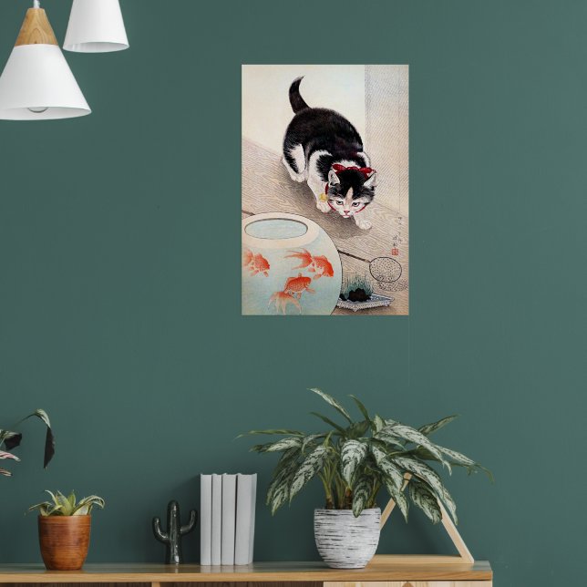 Katt och guldfiskskål konstverk,  poster (Vardagsrum 1)