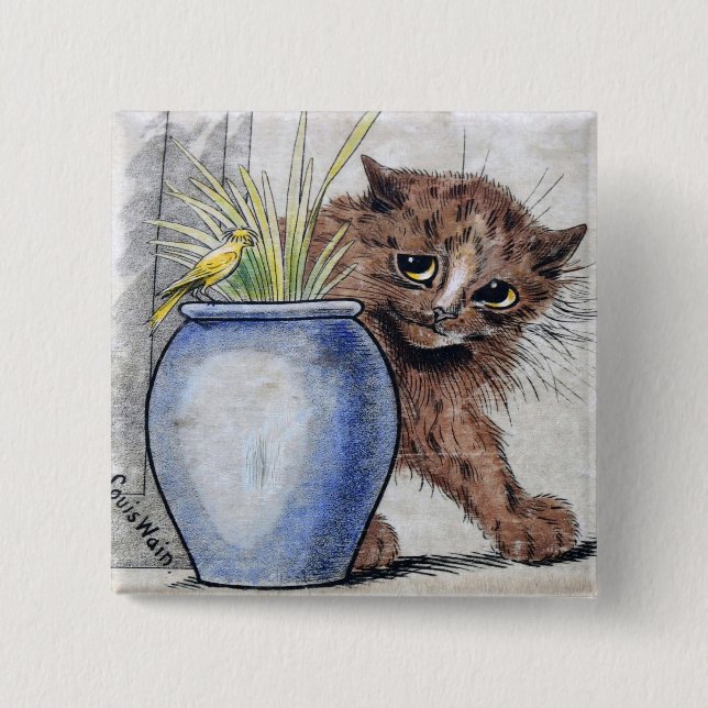 Katt och Gult Small Bird, Louis Wain Knapp (Framsida)