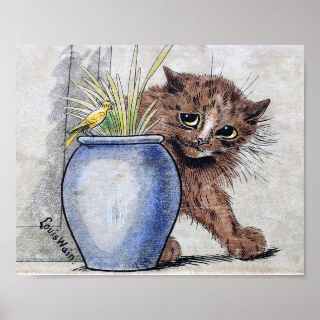 Katt och Gult Small Bird, Louis Wain Poster (Framsidan)