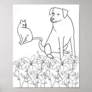Katt och Hund av Lily Flowers, kontur, Poster