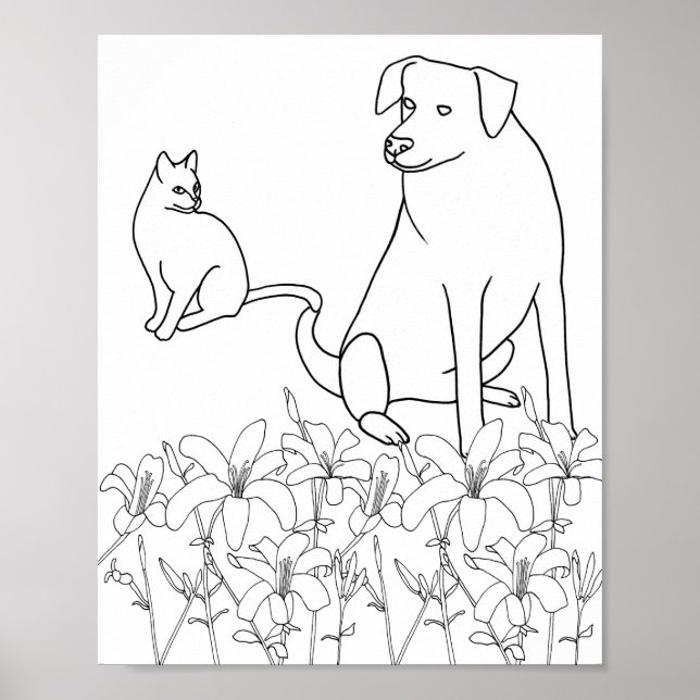 Katt och Hund av Lily Flowers, kontur, Poster (Framsidan)