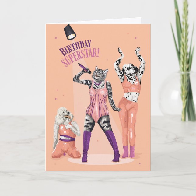 Katt och Hund Birthday Superstar Kort (Framsida)