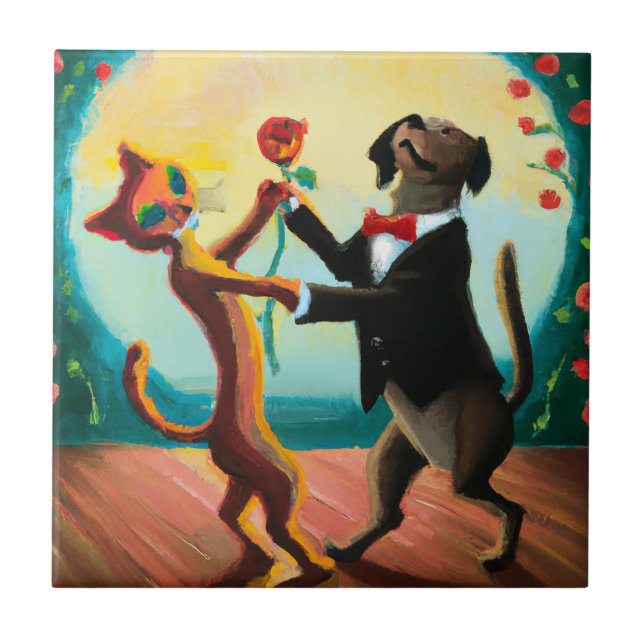 Katt och Hund Dancing Tango in Dance Klubb, AI Art Kakelplatta (Framsidan)