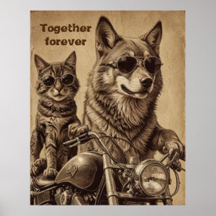 Katt och hund för alltid tillsammans biker poster