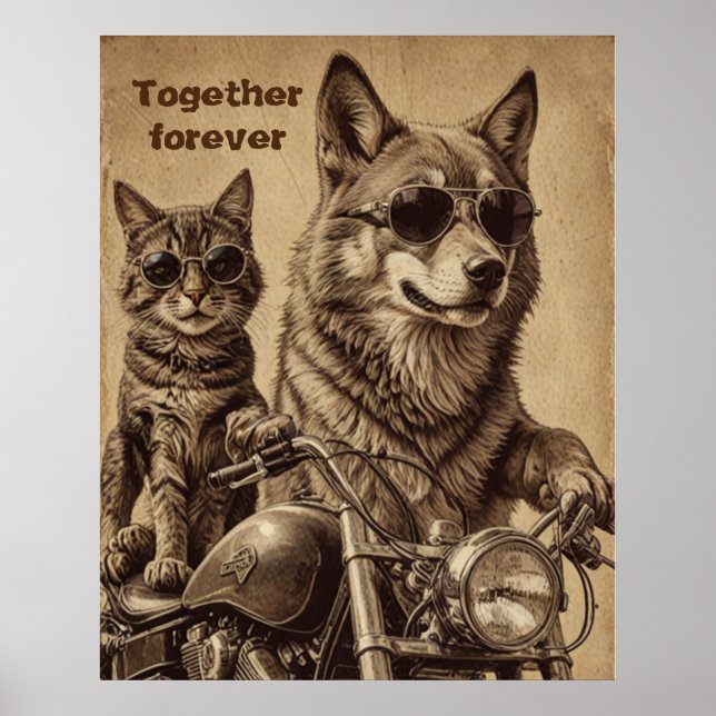 Katt och hund för alltid tillsammans biker poster (Framsidan)