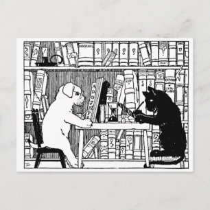 Katt och Hund i Bibliotek Vykort
