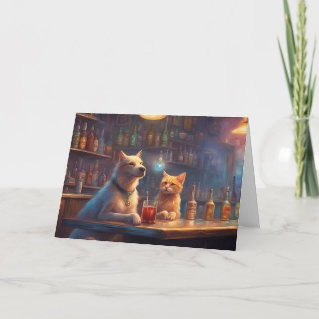 Katt och Hund i ett pub som talar sak på födelseda Kort (Framsida)
