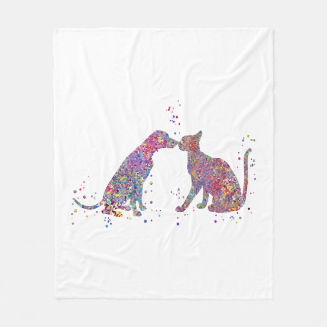 Katt och hund kyssas fleecefilt (Framsidan)
