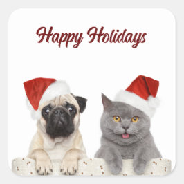 Katt och Hund Lycklig Helgdag Fyrkantigt Klistermärke