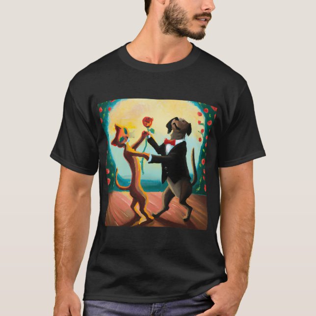 Katt och Hund som dansar tango i Klubb, Ai Art T Shirt (Framsida)