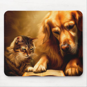 Katt och hund som läser bok musmatta