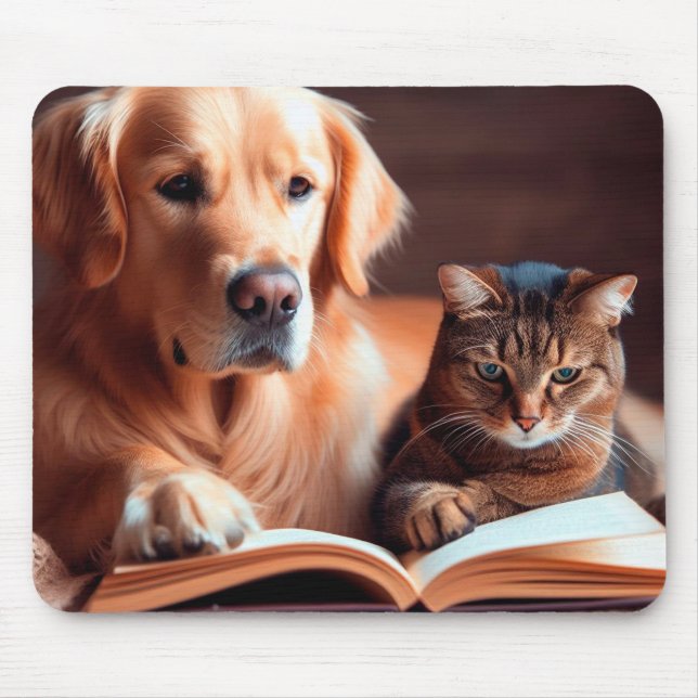 Katt och hund som läser bok musmatta (Framsidan)